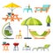 Modern Garden Furniture Collection, Table, Sunshade Umbrella, Hammock, Comfortable Lounger, Barbecue Grill Flat Vector