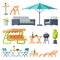 Modern Garden Furniture Collection, Table, Sunshade Umbrella, Swing Bench, Lounger, Barbecue Grill Flat Vector