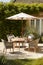 Modern garden lounge, outdoor furniture and countryside house patio decor with sofa, sun lounger, sunbed and umbrella, country