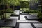 modern garden with sleek, minimalist design, featuring metal pathways and black stepping stones