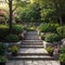 Modern garden and terrace design of a hillside plot with a natural stone stairway in black and white and decorated