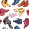 Modern gentlemen`s boots collection with inscription, seamless pattern on white background