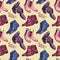 Modern gentlemen`s boots collection, seamless pattern on soft yellow background