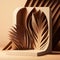 Modern geometric design oak wooden podium, beautiful wood grain, tropical palm tree in sunlight, leaf shadow on blank beige wall