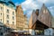 The modern Ghent Market Hall, a large open canopy construction  in the historic center of Ghent, Belgium