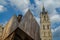 The modern Ghent Market Hall, a large open canopy construction  in the historic center of Ghent, Belgium