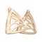 Modern golden triangle shape earrings with intersecting lines. Stylish jewelry, bijouterie.