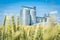 Modern grain elevator in a green wheat field