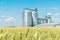 Modern grain elevator in a green wheat field