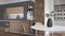 Modern gray and wooden kitchen, Island, parquet and decors. Dining table with chairs, open wine cellar, shelves with pottery and