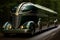 modern green motorhome rides on the road