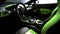 Modern green supercar interior with the leather panel, sport seats, multimedia, and digital dashboard. View from the