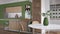 Modern green and wooden kitchen, Island, parquet and decors. Dining table with chairs, open wine cellar, shelves with pottery and