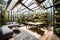 A modern greenhouse with a lush vertical garden wall, a koi pond,