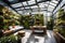 A modern greenhouse with a lush vertical garden wall, a koi pond, and hanging plants