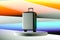 Modern Grey Plastic Suitcase on Showcase And Multicolored Abstract Background. 3d Rendering