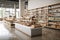 Modern grocery store interior with minimalist shelves and polished concrete floors.