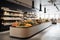 Modern grocery store interior with minimalist shelves and polished concrete floors.