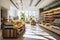 Modern grocery store interior with minimalist shelves and polished concrete floors.