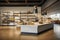 Modern grocery store interior with minimalist shelves and polished concrete floors.