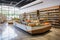 Modern grocery store interior with minimalist shelves and polished concrete floors.