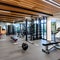 A modern gym with mirrored walls, exercise equipment, and a dedicated area for yoga and stretching3, Generative AI