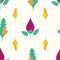 Modern hand drawn purple flower buds and multicolor leaves. Seamless vector pattern on subtle grunge striped background