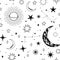 Modern hand drawn vector seamless pattern of planet, star, sun, comet. Universe line drawings. Solar system and Cosmos background