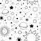 Modern hand drawn vector seamless pattern of planet, star, sun, comet. Universe line drawings. Solar system and Cosmos background
