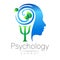 Modern head Logo sign of Psychology. Profile Human. Green Leaves. Letter Psi . Symbol in vector. Design concept. Brand