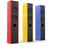 Modern hi tower music speakers with red, yellow and blue side panels - side view