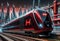 Modern high speed hydrogen train on a background of futuristic buildings. 3D rendering, generative ai