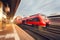 Modern high speed red passenger trains at sunset. Railway station