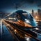 Modern High-Speed Train on Background of Night City - AI generated