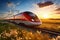 A modern high-speed train moves along the railway tracks against the backdrop of a field at sunset. High-speed rail transport