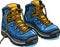 Modern hiking or tracking yellow boots with laces. Colored vector, trendy trecking shoes isolated on white background