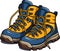 Modern hiking or tracking yellow boots with laces. Colored vector, trendy trecking shoes isolated on white background