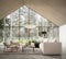 Modern home living room with beautiful forest view. Contemporary interior design