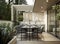 Modern home terrace. Luxury outdoor table with chairs and built in barbeque. Interior design.