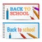 Modern horizontal banners template with Back To School hand drawn text. Notebook paper layers. Colorful Colored Pencils