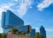 Modern hospital building surrounded by clouds - Cleveland Clinic Abu Dhabi in Al Maryah island