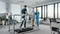 Modern Hospital Physical Therapy: Patient with Injury Walks on Treadmill Wearing Advanced Robotic