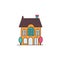 Modern house. Chimney, roof, windows, door and brickwork. Exterior design. House icon on white background. Flat style