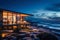 Modern house with expansive windows providing a front-row seat to the mesmerizing beauty of the moonlit ocean, creating an