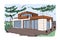 Modern house exterior design. Sketch of rural home with wood terrace and panoramic windows. Outside of building with