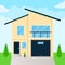 Modern house exterior flat style design vector illustration with roof, windows and shadows.