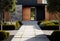 Modern house facade. Main entrance of living building. Door of luxury building with backyard in front. Created with