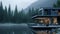 modern house at the lake, moody mountain forest background, water reflection