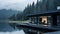 modern house at the lake, moody mountain forest background, water reflection