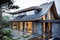 Modern house with metal tiles roof vintage curved frame concept